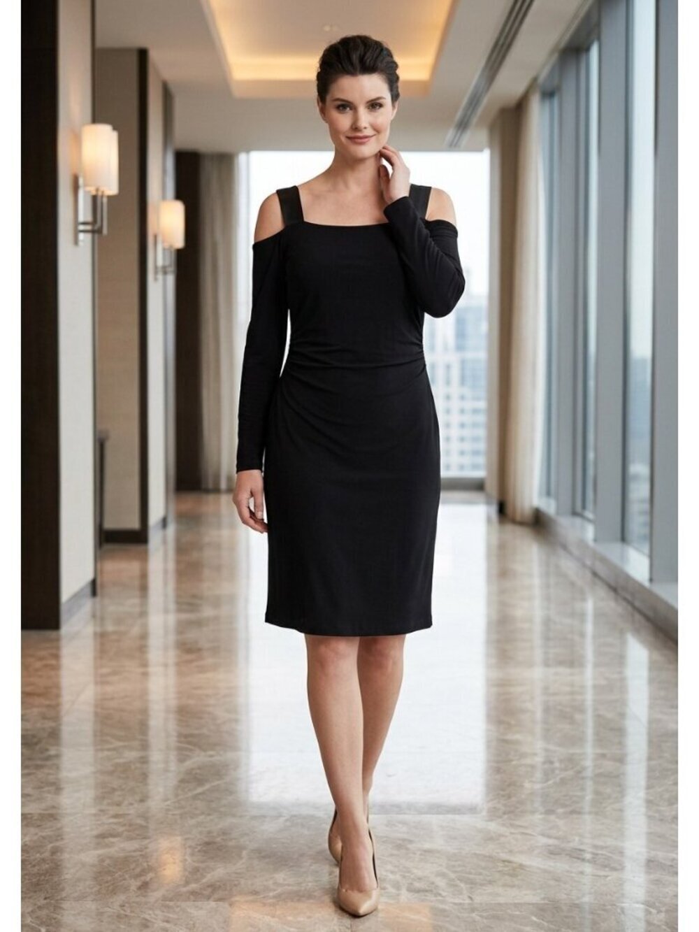 DAVID MEISTER BLACK SQUARE NECK COLD SHOULDER DRESS